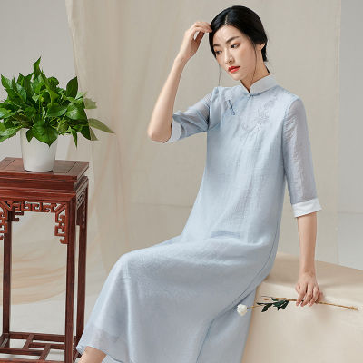 Qing Shuzhai รุ่นปรับปรุงของชุด Cheongsam ย้อนยุคสไตล์จีน2022ผู้หญิงเสื้อผ้าชาจีนบาง
