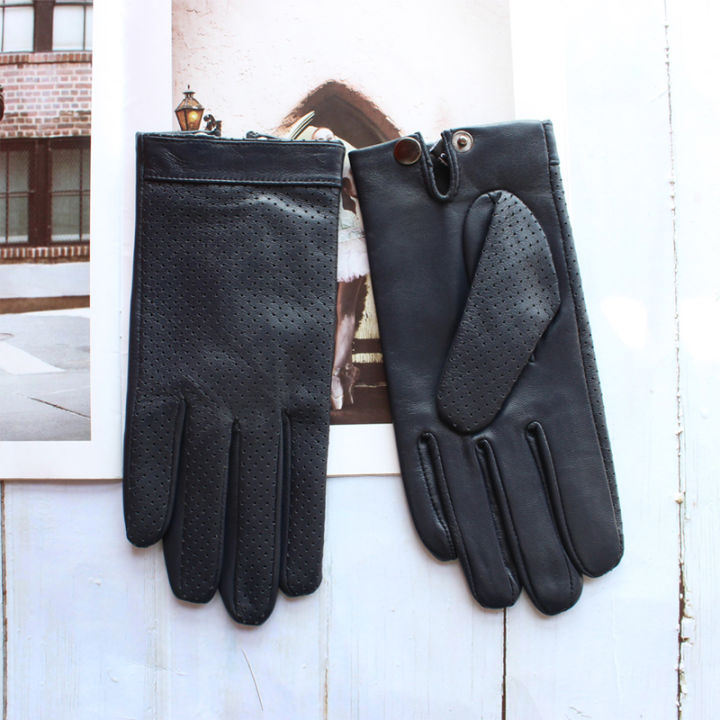 20212021 new leather mens sheepskin gloves fashion touch screen hollow breathable thin motorcycle riding driving gloves