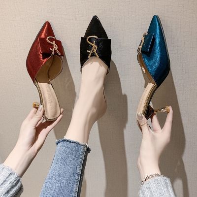 ❏♤❇ Influencer High Heels Women 2022 New Style Spring Summer Outer Wear Sandals Slippers All-Match Stiletto Pointed Toe Cap Half
