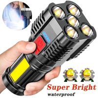 2023▤ Mini Flashlight USB Recharge 5 LED Flashlight with COB Side Light and Power Display Outdoor Portable Lamp Waterproof Torches