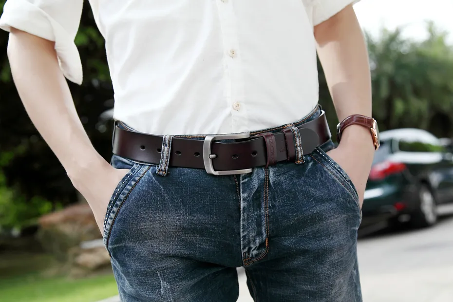 Retro Cowskin Genuine Leather Belt for Men Luxury Design Male Belt Pin  Buckle Jeans Belt Men (Size : 42in/105cm, Color : G)