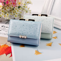 Women Short Pearl Buckle Wallets Three Fold Hasp Coin Purses Female High Quality Print Solid Color Card Holder Clutch Money Clip