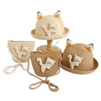 [hot]New Children Panama Fisherman Hat Kids Summer Baby Straw Hats For Boys Girls Cartoon Baby Bucket Hats Stereoscopic Cat Straw Cap