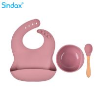 【YD】 Silicone Bibs for Kids Boys Feeding Bib Set Sucker Bowl Wood Handle Food Grade Tableware Baby Accessories