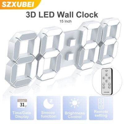 [24 Home Accessories] นาฬิกาติดฝาผนังขนาดใหญ่ LED ดิจิตอล3D พร้อมรีโมทคอนโทรลเวลา/วันที่/จอแสดงผลอุณหภูมิแอมป์ผนังออกแบบให้ทันสมัย