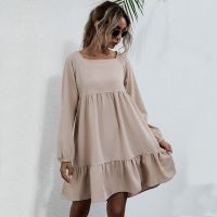 [COD] independent station cross-border fashion foreign trade womens style open back pleated square collar loose long-sleeved dress