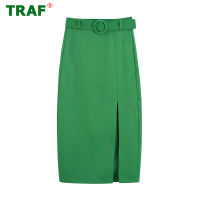 TRAF Green Pencil Skirt Women Belt High Waist Woman Skirt Summer Office Midi Skirts Womens 2022 Elegant Slit Long Skirts Women