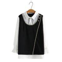 【มีไซส์ใหญ่】Plus Size Womens False Two Pieces Blouse Ladies Patchwork A-line Tops Large Size White Black Spring Summer Blusas