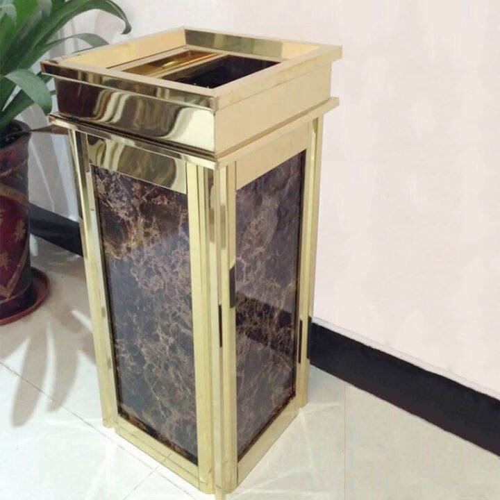 Hotel lobby gold stainless steel trash bin with ashtray aesthetic trash