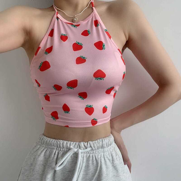 huilun-เสื้อกล้ามคล้องคอพิมพ์ลายสตรอเบอร์รี่สำหรับผู้หญิงเซ็กซี่ไม่มีแขนเปิดหลังเสื้อกล้ามแบบผอมฤดูร้อน