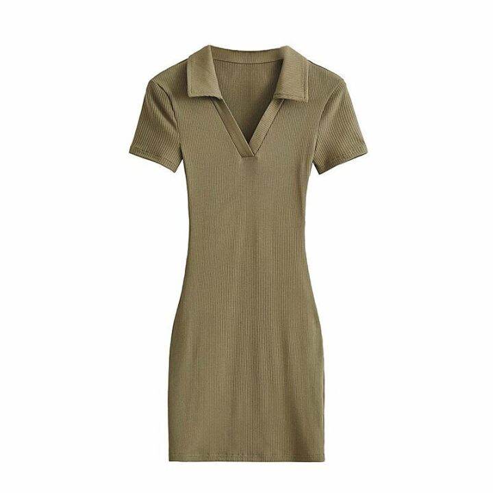 2023-new-solid-v-neck-short-sleeve-dress-womens-summer-sexy-spicy-girl-lapel-tight-wrap-hip-slim-short-skirt