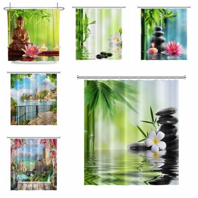 【CW】❁❀  Rural Landscape Shower Curtain Creek Stone Buddha Scenery with Hooks