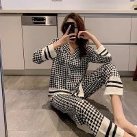 QWEEK Houndstooth Womens Pajamas Female Set Woman 2 Pieces Autumn Sleepwear Elegant Pijama Plaid Pyjamas Long Sleeve Loungewear