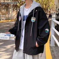 MAYCHEER เสื้อโค้ทปลอมสองชิ้นมีฮู้ดของผู้ชายเสื้อแจ็คเก็ตลำลองคาร์โก้