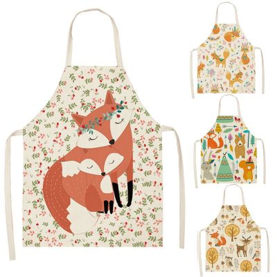 Kawaii Fox Printed Sleeveless Aprons Kitchen Women Cotton Linen Animal Pinafore Home Cooking Baking Waist Bib 66x47cm