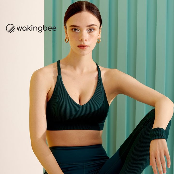 Wakingbee Rib Bra (Pine) สปอร์ตบรา ผ้าริบ ใส่ว่ายน้ำได้ คอวี ผ้ายืดหยุ่น  กันยูวี แห้งเร็ว