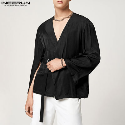 INCERUN เสื้อคอวีแขนยาวสำหรับผู้ชายเสื้อเบลาส์ลำลองแบบเงาสำหรับปาร์ตี้เสื้อมีฮู้ดฮิปฮอป (สไตล์ตะวันตก)