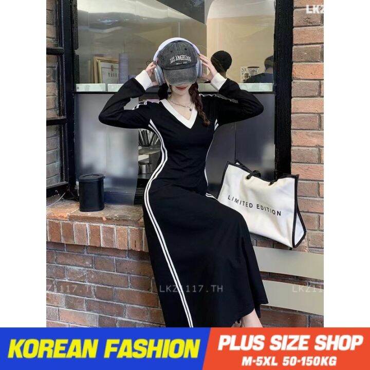 plus-size-เสื้อผ้าสาวอวบ-เดรสสาวอวบอ้วน-ไซส์ใหญ่-ผู้หญิง-ทรงหลวม-แขนยาว-คอวี-ฤดูใบไม้ร่วง-สไตล์เกาหลีแฟชั่น