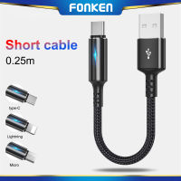 Fonken 25ซม. Fast Charging Data Cable สายชาร์จสั้น Micro USB Type C I-Os Data Cable สำหรับ Huawei Android 2.4A Fast Charging สายชาร์จโทรศัพท์มือถือพร้อมไฟแสดงสถานะ