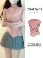 Xiaozhainv สีทึบผู้หญิง,เสื้อยืดถักแฟชั่นคอกลมแบบเรียบง่ายไม่สม่ำเสมอ