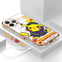 Volans เคสสำหรับ Apple iPhone 15 Plus 15 Pro Max ฟรีสายคล้องน่ารักการ์ตูน Pikachu ขอบสี่เหลี่ยมลวดลายเคสโทรศัพท์ชุบหรูหราเคสโทรศัพท์นิ่ม