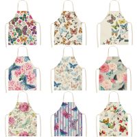 Butterfly Flowers Linen Kitchen Apron for Woman Dress Kawaii Kids Cartoon Pink Garden Aprons Cooking Accessories Home Decor Aprons