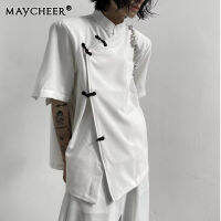 MAYCHEER   เสื้อผู้ชายใหม่เสื้อผู้ชายกระดุมคอเสื้อสี่เหลี่ยมแขนสั้นแบบเรียบง่าย