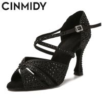 รองเท้าเต้นรำละติน1 CINMIDY กับรองเท้าเต้นรำเต้นซัลซาแทงโก้ Strass สำหรับผู้หญิงหญิงสาวรองเท้าส้นสูงรองเท้าเต้นรำ7.5ซม. รองเท้างานแต่งงานผู้หญิง