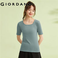 Giordano ผู้หญิง เสื้อยืดแขนสั้นคอเหลี่ยมลายแถบหลุมสีทึบแบบsilm Free Shipping 13322207