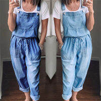 สุภาพสตรีสีบริสุทธิ์ Casual Denim Jumpsuit หลวมยาว Romper กางเกง Overalls กางเกงยีนส์ผู้หญิงเอว Jumsuit