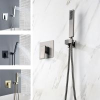 Brass Square Brushed Gold Grey Hand Held Shower Set with Wall Connector &amp; Hose Hot Cold Water Mixer Bathroom Shower Faucet Black  by Hs2023