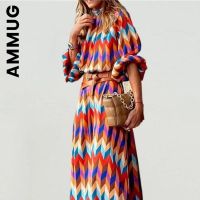 Ammug Colorful Print Women Dress Long Sleeve Autumn Winter Lazy Robe Maxi Dress Dresses Elegant Loose Simple Dress Woman Female