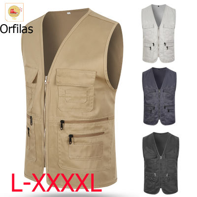 Orfilas L-4XL!! เสื้อกั๊ก แบบแจ็คเก็ต สําหรับผู้ชายhia,เสื้อกั๊กผู้ชายแบบซิปหลายกระเป๋า,เสื้อกั๊ก พลัสไซส์ แบบมีซิป แต่งกระเป๋าหลายช่อง