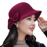 Vintage Women Bucket Cap Solid Bow Woolen Felt Fedoras Hat Female Winter Autumn Ladies Dome Felt Wedding Church Jazz Caps Bowler