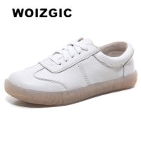 WOIZGIC Gril Womens Ladies Female Woman Genuine Leather White Vulcanized Shoes Flats Sneakers Platform Lace Up soft four season