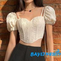 ❂ Bay- เสื้อครอปท็อป แขนสั้น คอพัฟ ผูกเชือก แบบสวมหัว ทรงไม่สมมาตร สําหรับผู้หญิง