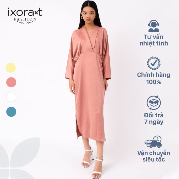 Đầm midi nữ IXORAT FASHION - Đầm suông nữ chiết eo tay dài thiết ...