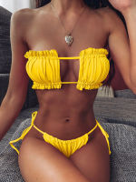 Ribbed Bikinis String Ruffle ชุดว่ายน้ำสตรี2021 Bandeau พับชุดว่ายน้ำ High Cut ชุดว่ายน้ำสองชิ้นชุดบิกินี่สีเหลือง