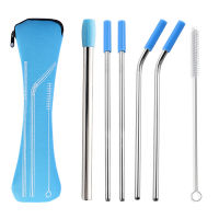 7Pcs/Set Reusable Stainless Steel Straws + Clean Brush Silicone Head Boba Bubble Tea Drink Straw Food Grade Beverages Straws