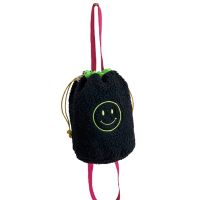 Embroidered Shoulder Bags for Women Soft Plush Student Girls Smile Bucket Crossbody Bag Lambswool Purse Handbags