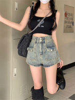 กางเกงขาสั้น Summer high-waist denim shorts womens A-line pants hot pants niche