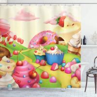 Ambesonne Modern Shower Curtain, Delicious Doughnut Land Cupcake Ice Cream Cotton Candy Cloud Design, Cloth Fabric Bathroom Decoration Set with Hook, 175.32 Cm Wide x 177.80 Cm Lon