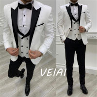 3ชิ้น Slim Fit Men ชุด Double Breasted Waistcoat งานแต่งงานอย่างเป็นทางการ Tuxedo สำหรับเจ้าบ่าวแฟชั่นสีดำ Peaked Lapel เครื่องแต่งกาย