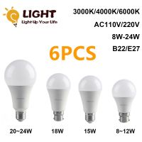 6Pcs Led Bulb A60 E27 B22 AC220V 3000K 4000K 6000K Lights Lamps 8W 9W 10W 12W 15W 18W 20W 24W Bombilla for