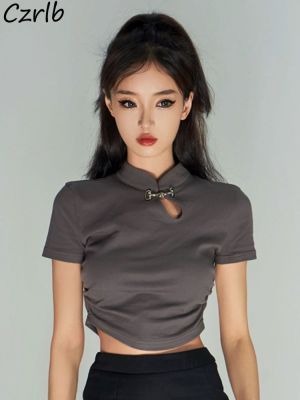 Hollow Out T-shirts Women S-3XL Mandarin Collar Chinese Style Summer Crop Tops Hotsweet Slim Vintage Fashion Chic Temperament