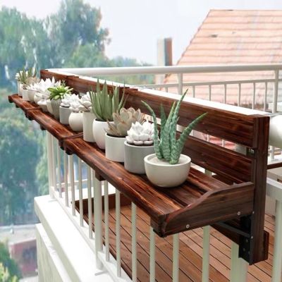 Fir Balcony Railing Hanging Long Wood Folding Coffee Tea Table Leisure Potted Flower Pot Wall Outdoor Window Sill Storage Rack