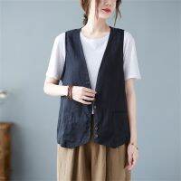 利2023 Fashion Korean Style Vests Women Vintage Literary Female V-neck Summer All-match Simple Sleeveless Casual Daily Loose Coats