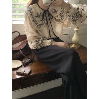 ↂ 56360 Korean Vintage Embroidered Lapel Long Sleeve Shirt 2 Colors