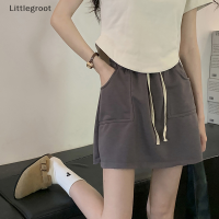 Littlegroot [2023แฟชั่นสุดฮอตใหม่] ROK High Waist สตรีมีสีทึบกระโปรงทรงเอกระเป๋าขนาดใหญ่ตรง