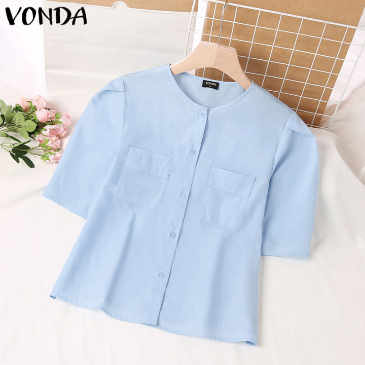 จัดส่งฟรี-fancystyle-vonda-ผู้หญิงเสื้อธรรมดาที่เรียบง่ายสบายๆรอบคอแขนสั้นปุ่มเสื้ออเนกประสงค์-2